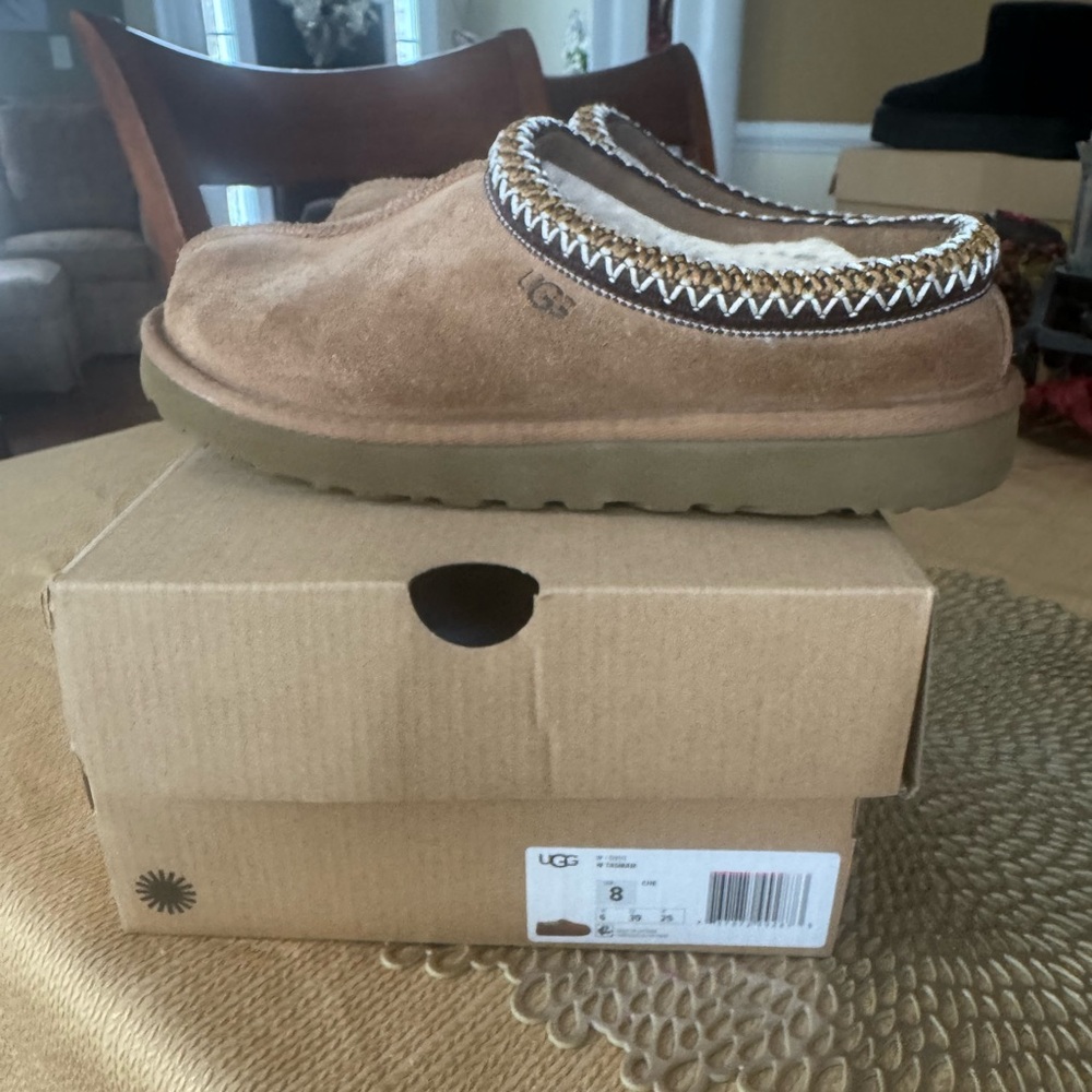 UGG Tan Suede Slip-Ons with Patterned Trim Tasman Chestnut